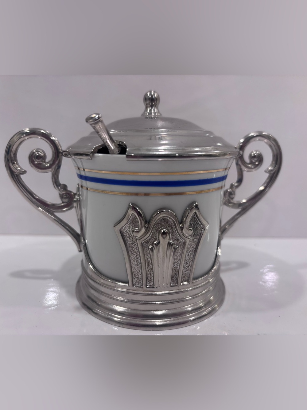 Vintage Italian Porcelain mustard pot w spoon. Made in Italy  B.P. Zinc